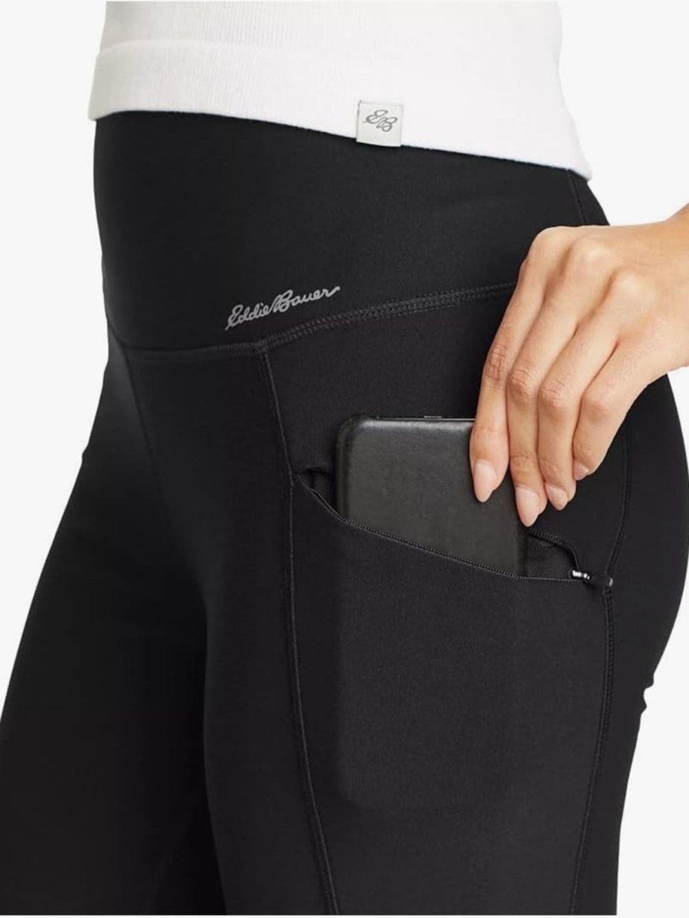 EDDIE BAUER Black High Rise Trail Leggings Zip Thigh Pockets L Large $60 EUC KL